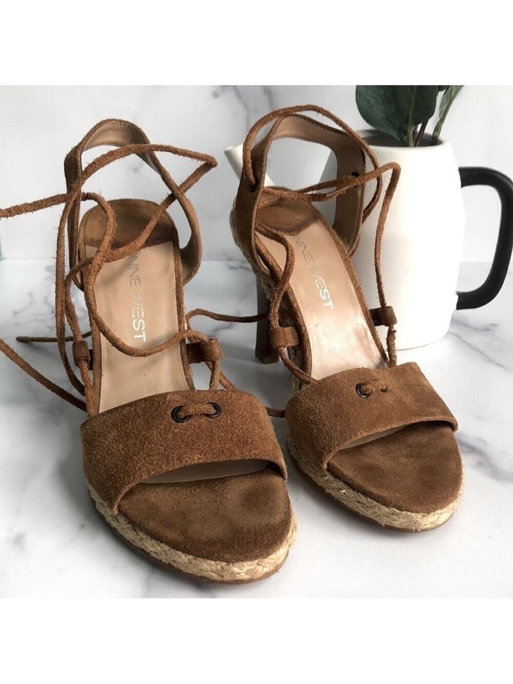 Nine West Heeled Sandals With Tie Ankle Straps In Camel Brown Size 6M